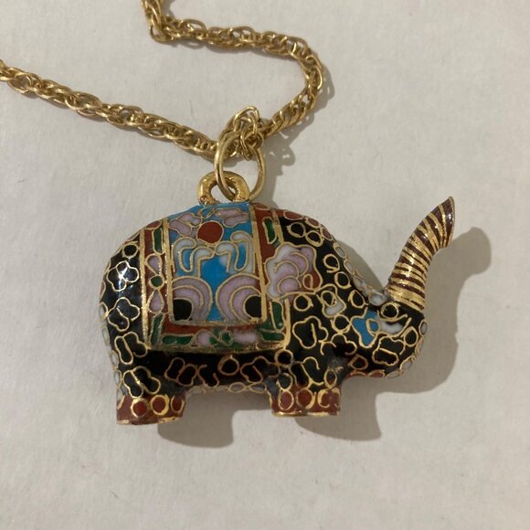 Cloisonné Elephant Pendant Necklace With Gold Tone Chain - Picture 2 of 5
